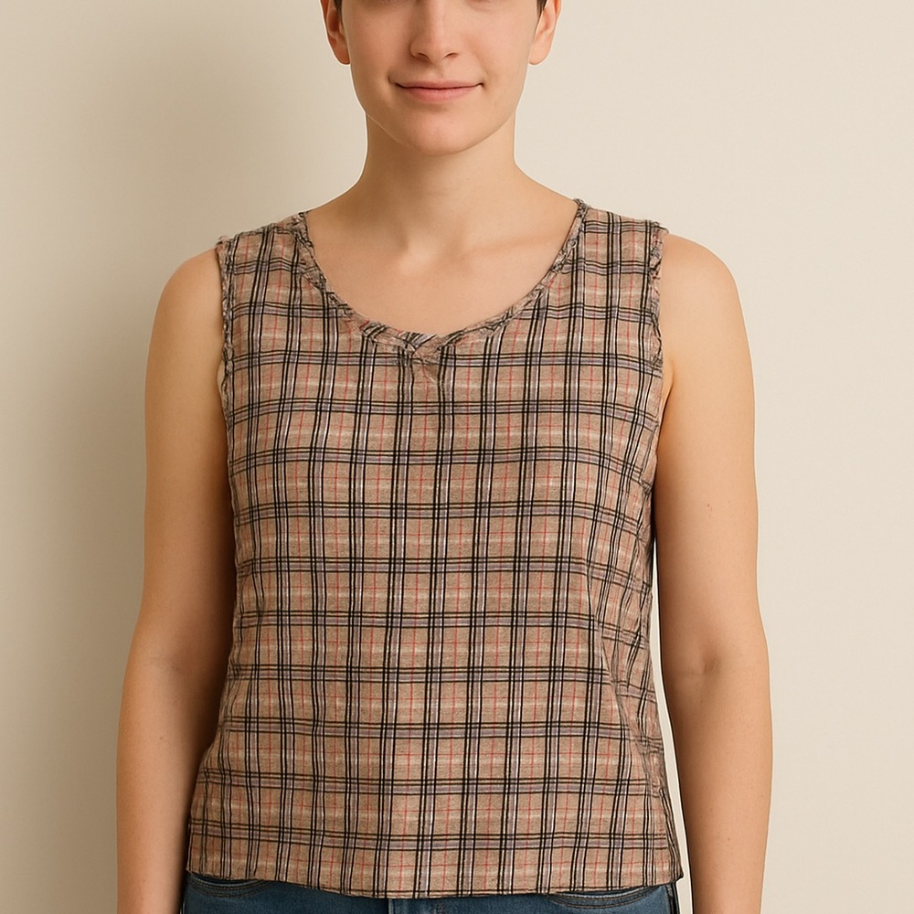 Lemon‎ Grass Plaid Sleeveless Crinkle Cotton Top XL Multicolor Pink Brown Check